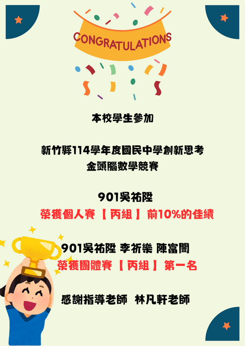 ~賀~本校參加新竹縣114學年度國民中學創新思考金頭腦數學競賽 榮獲佳績圖片